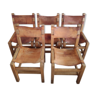 Lot of 5 Maison Regain chairs in solid elm natural leather 1960