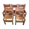 Lot de 5 chaises Maison Regain en orme massif & cuir naturel années 60