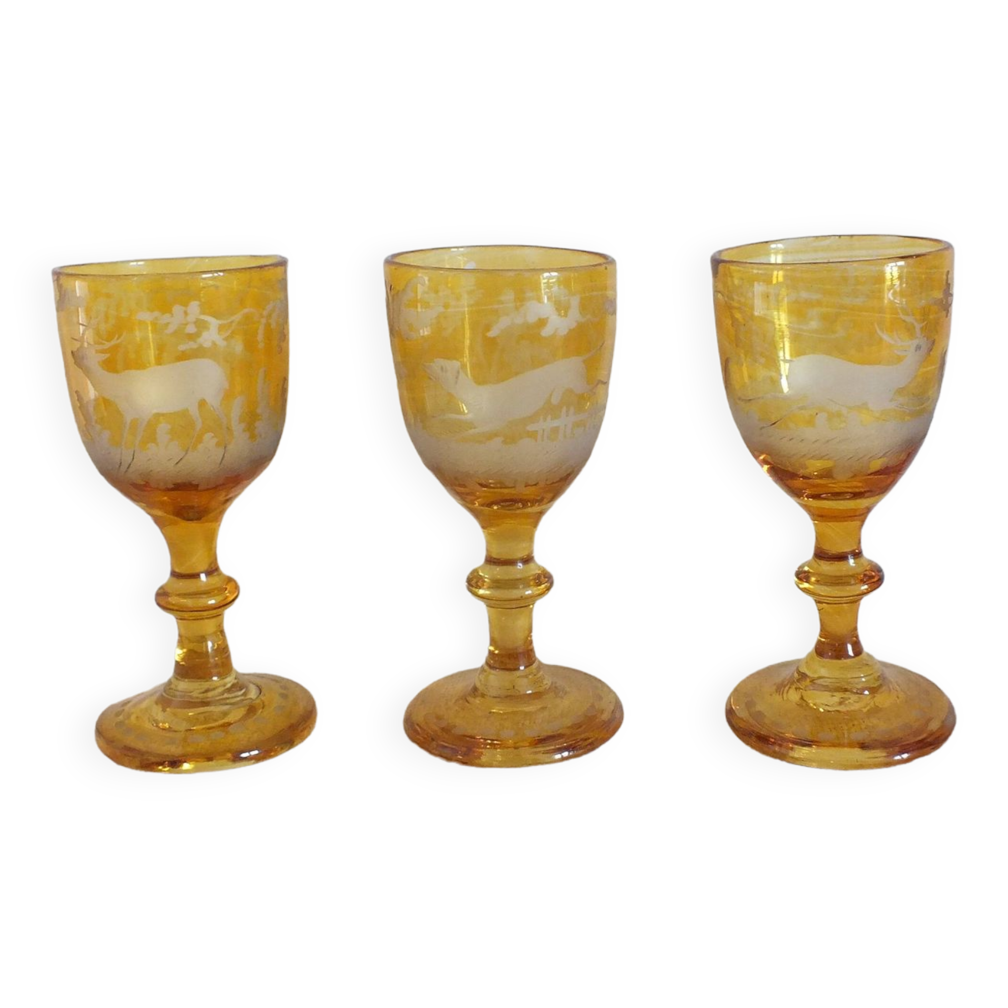 3 amber liquor glasses in Bohemian crystal