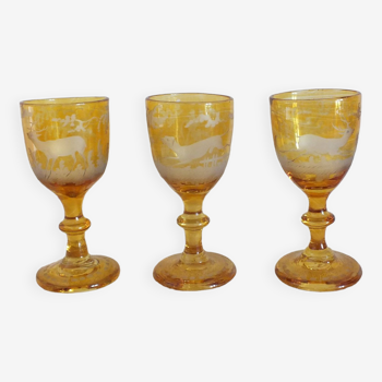 3 amber liquor glasses in Bohemian crystal