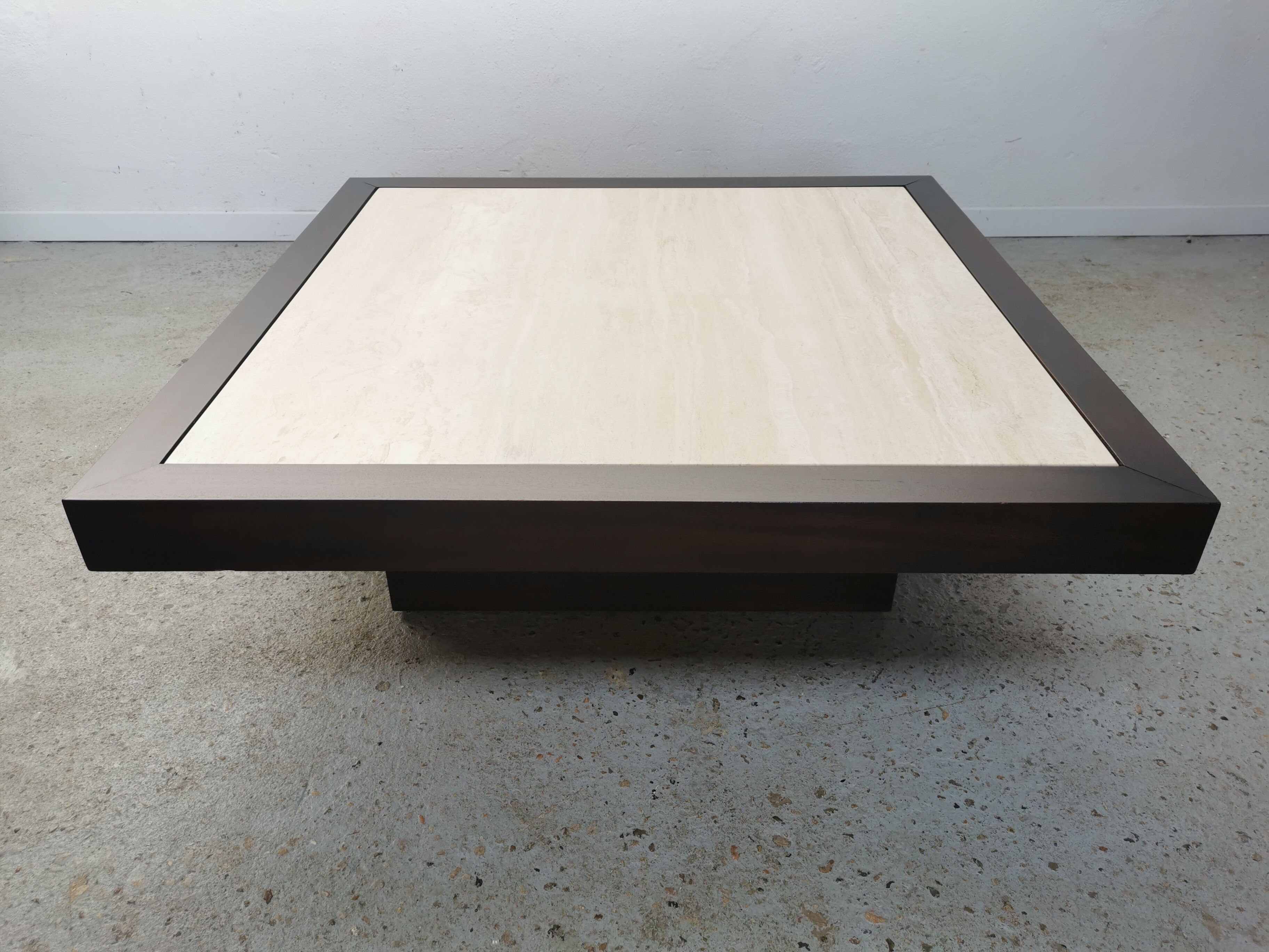 Table basse vintage travertin et bois design 1970