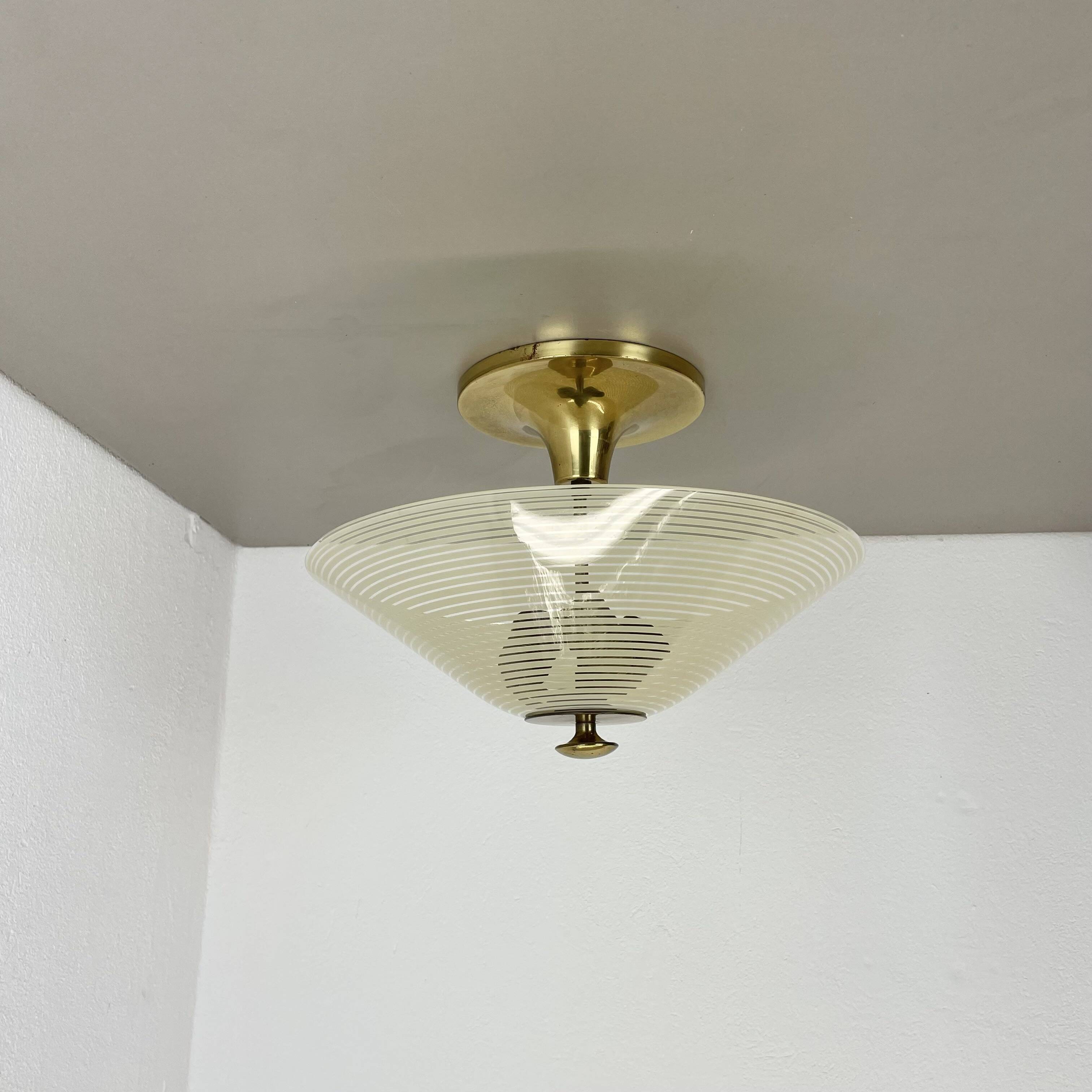 Modernist brass and glass Ceiling Flushmount Light, Italy 1950s