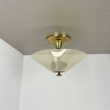 Modernist brass and glass Ceiling Flushmount Light, Italy 1950s