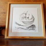 Ancien tableau crayon jerome sterbecq «roulé boulé» + cadre bois noir vintage