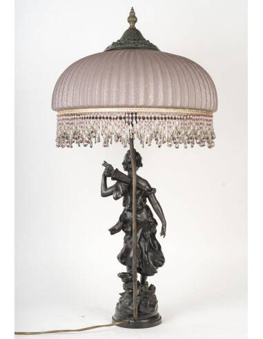 Art Nouveau style lamp with bronze sculpture and glass shade