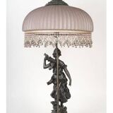 Art Nouveau style lamp with bronze sculpture and glass shade