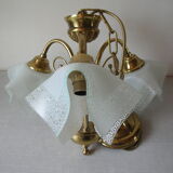 Ancien lustre 3 feux JP Rickaert années 1960/70 3 globe tulipe verre dentelle napperon