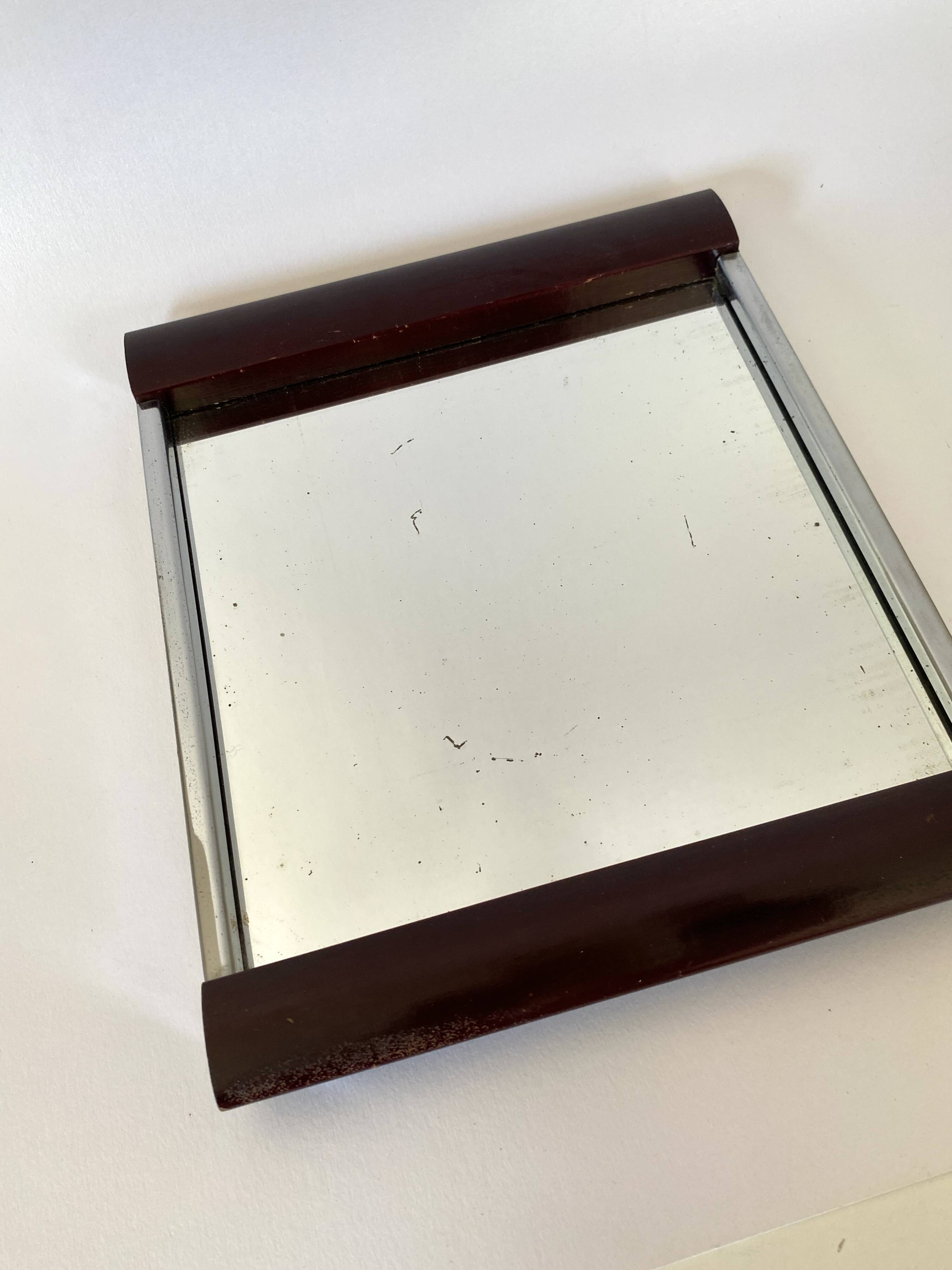 Art Deco tray, mirror, wood and metal