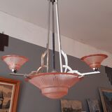 1930 art deco chandelier in chrome bronze and molded glassware