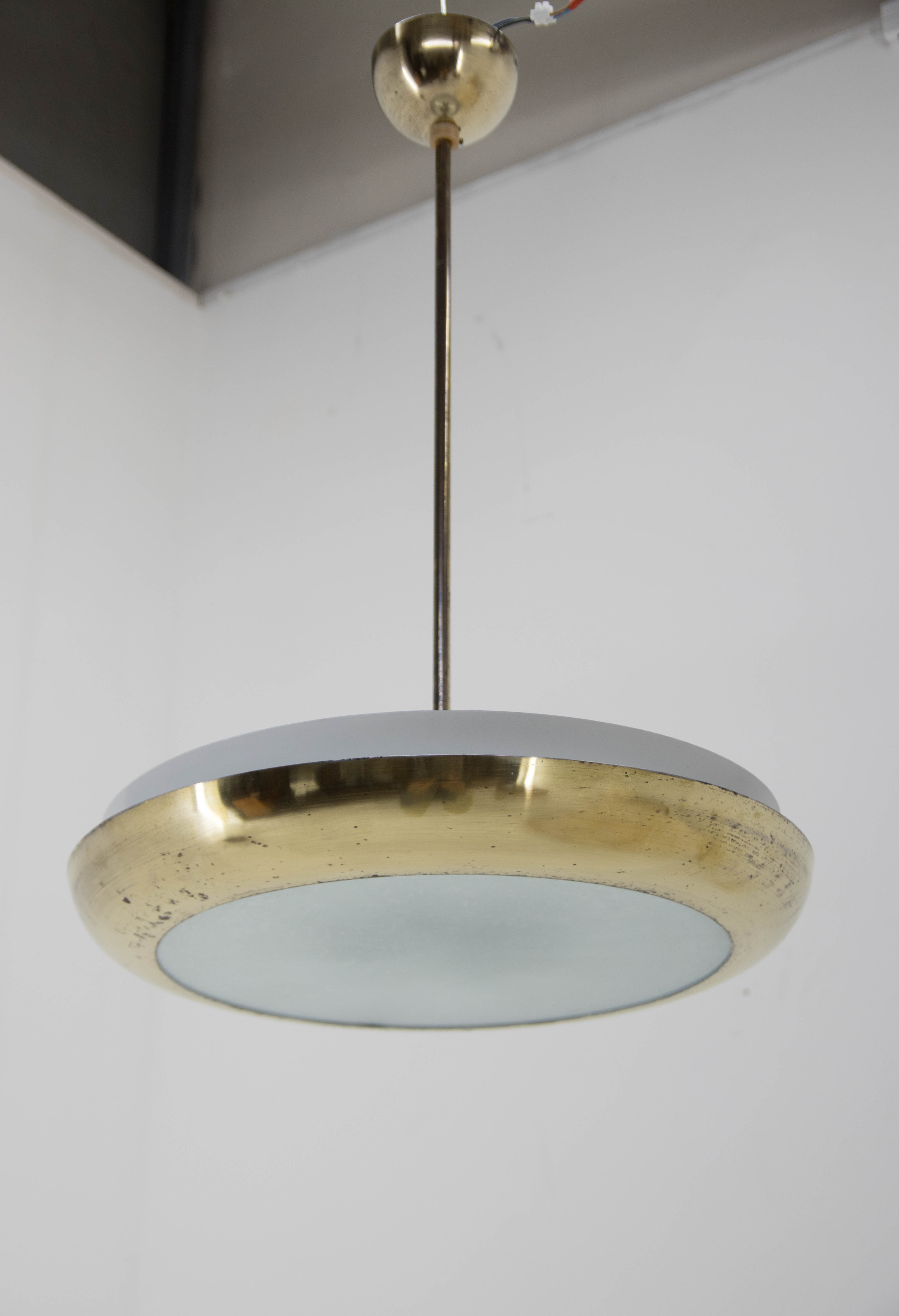 Buhaus / Functionalist Brass Chandelier UFO, 1930s, Restored