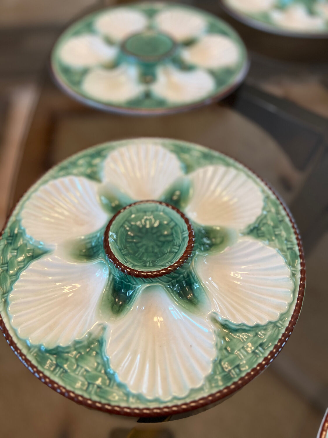 6 vintage slip oyster plates