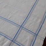 Nappe ancienne lin damassé blanc bleu carreaux et 6 serviettes