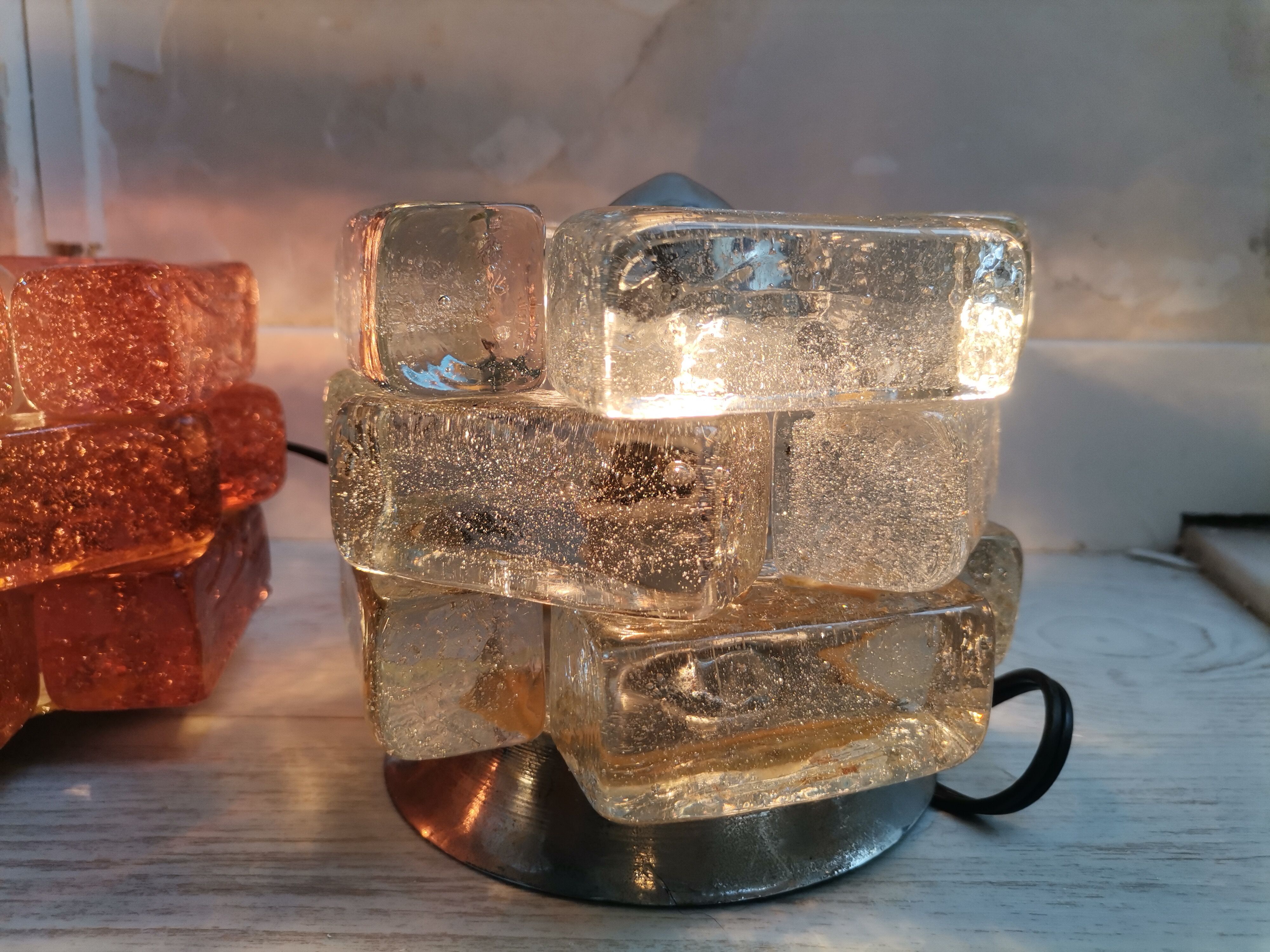 Brutalist solid bubble glass clear and red table lamps 1960s, set of 2