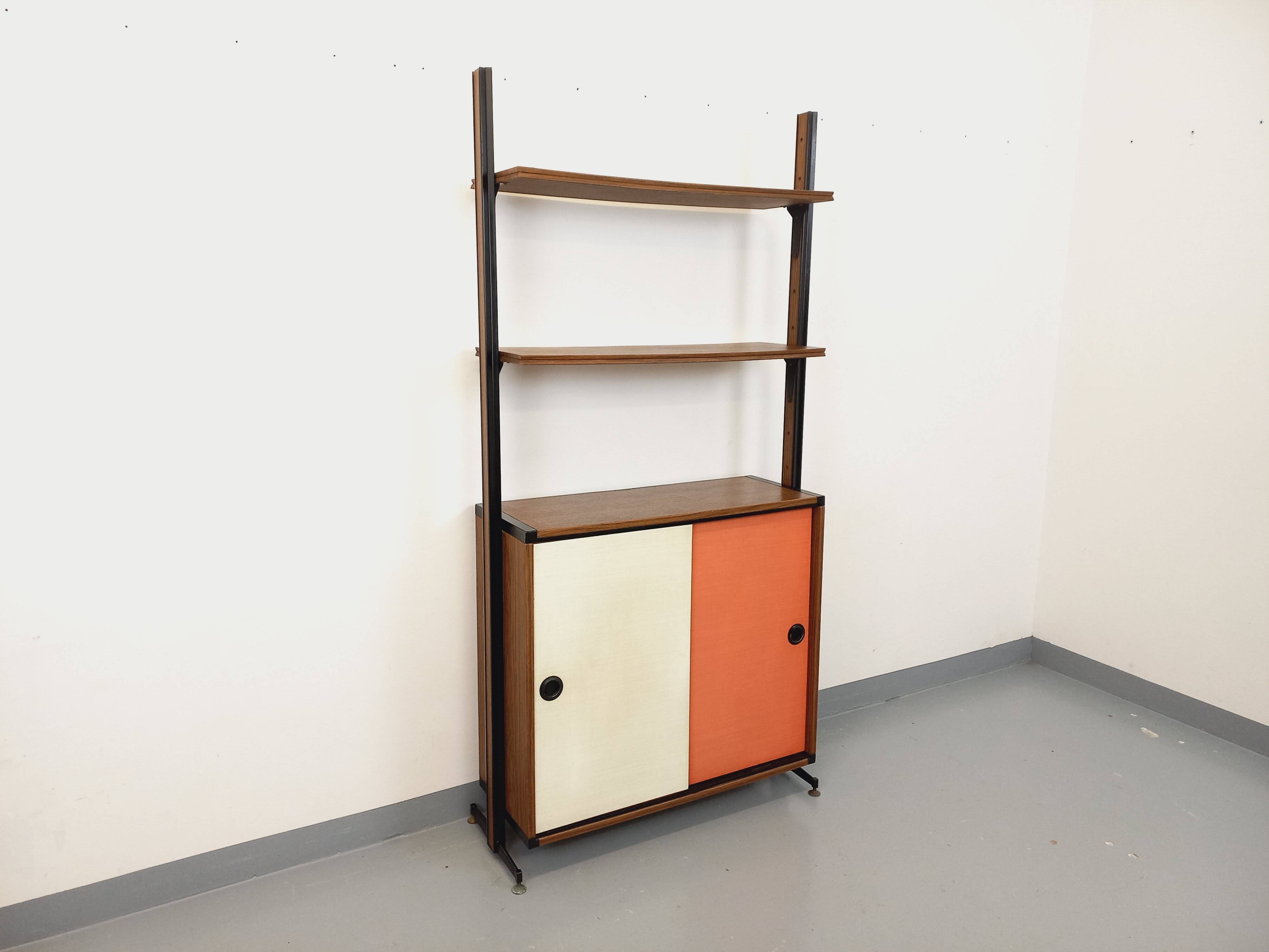 Vintage Italian modular shelving unit in melamine with wood decor