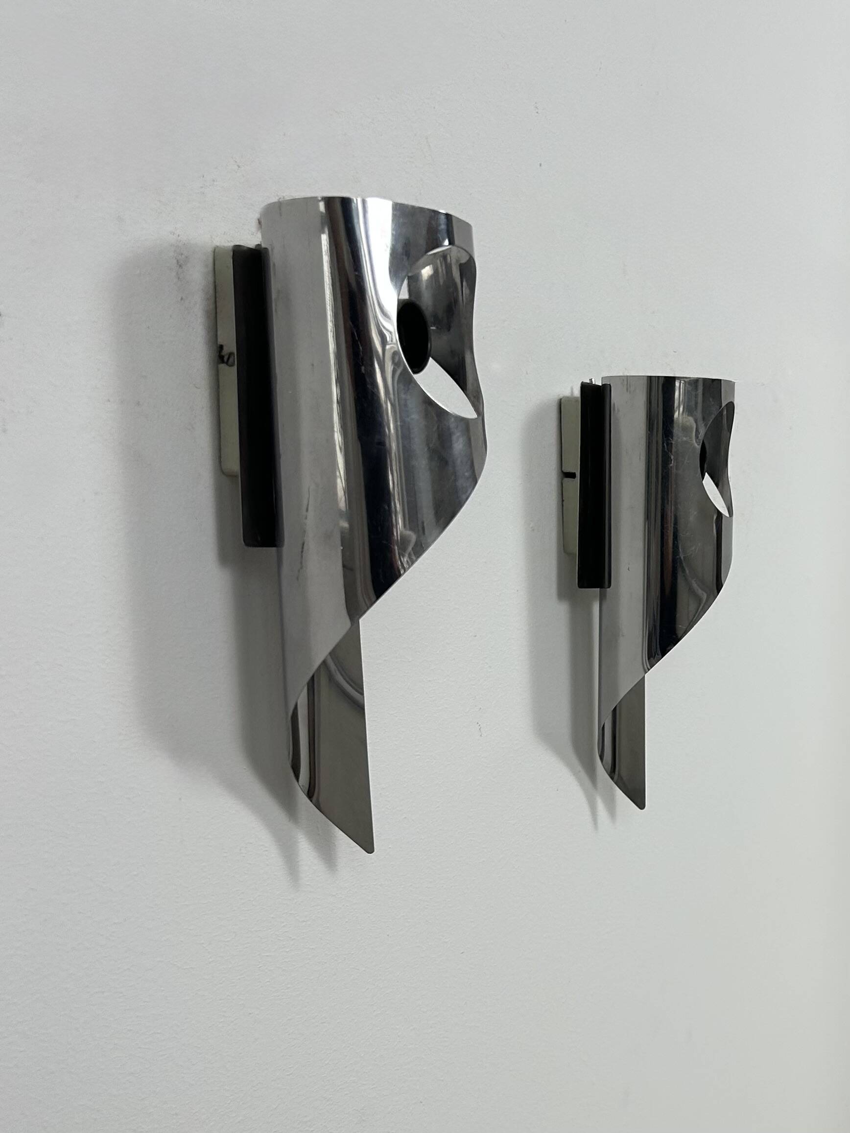 Pair of vintage wall lights, chrome metal, France, 1970.