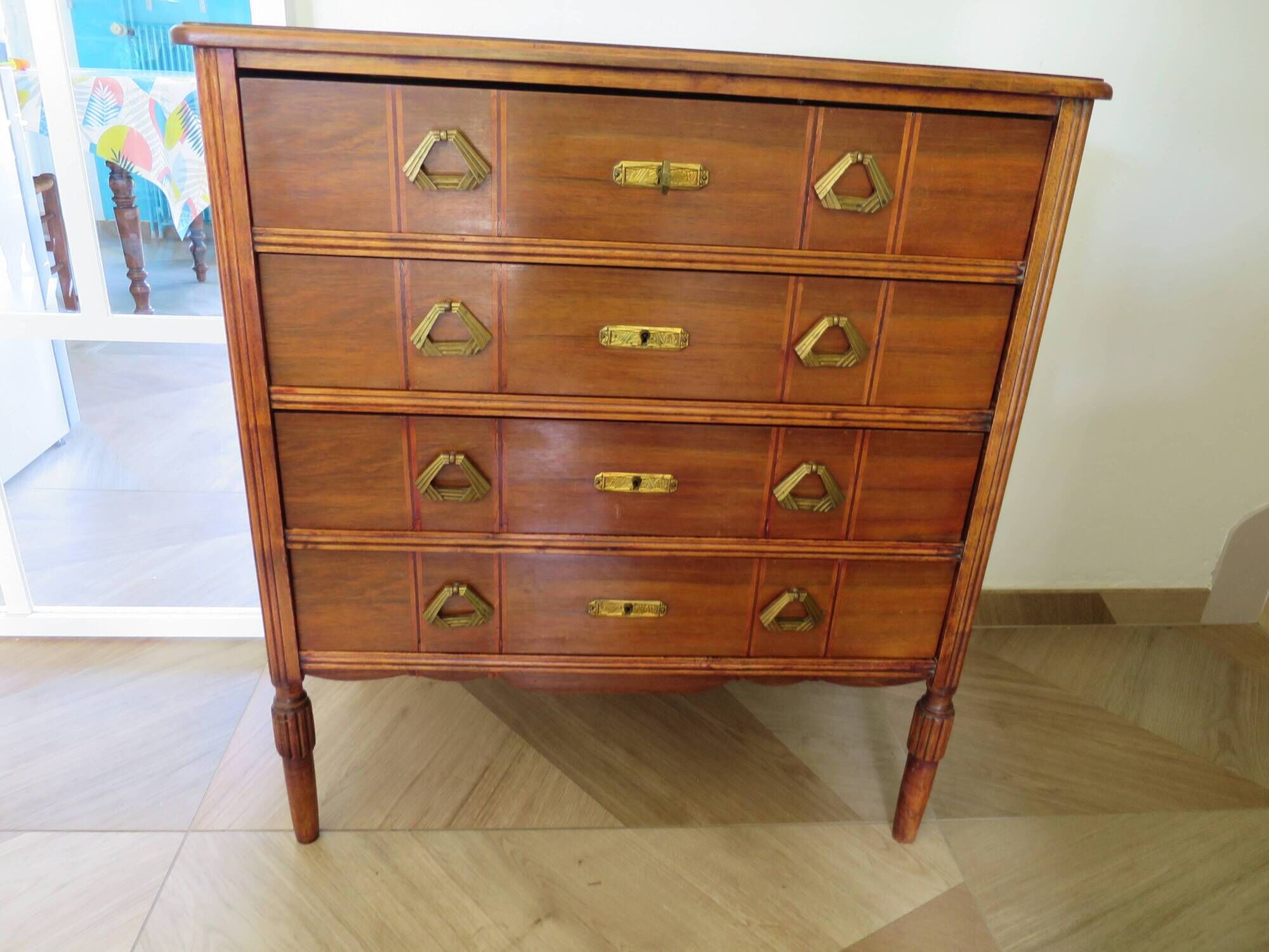 Art Deco chest of drawers - 4 drawers - locks - checkered wood veneer top - 50s