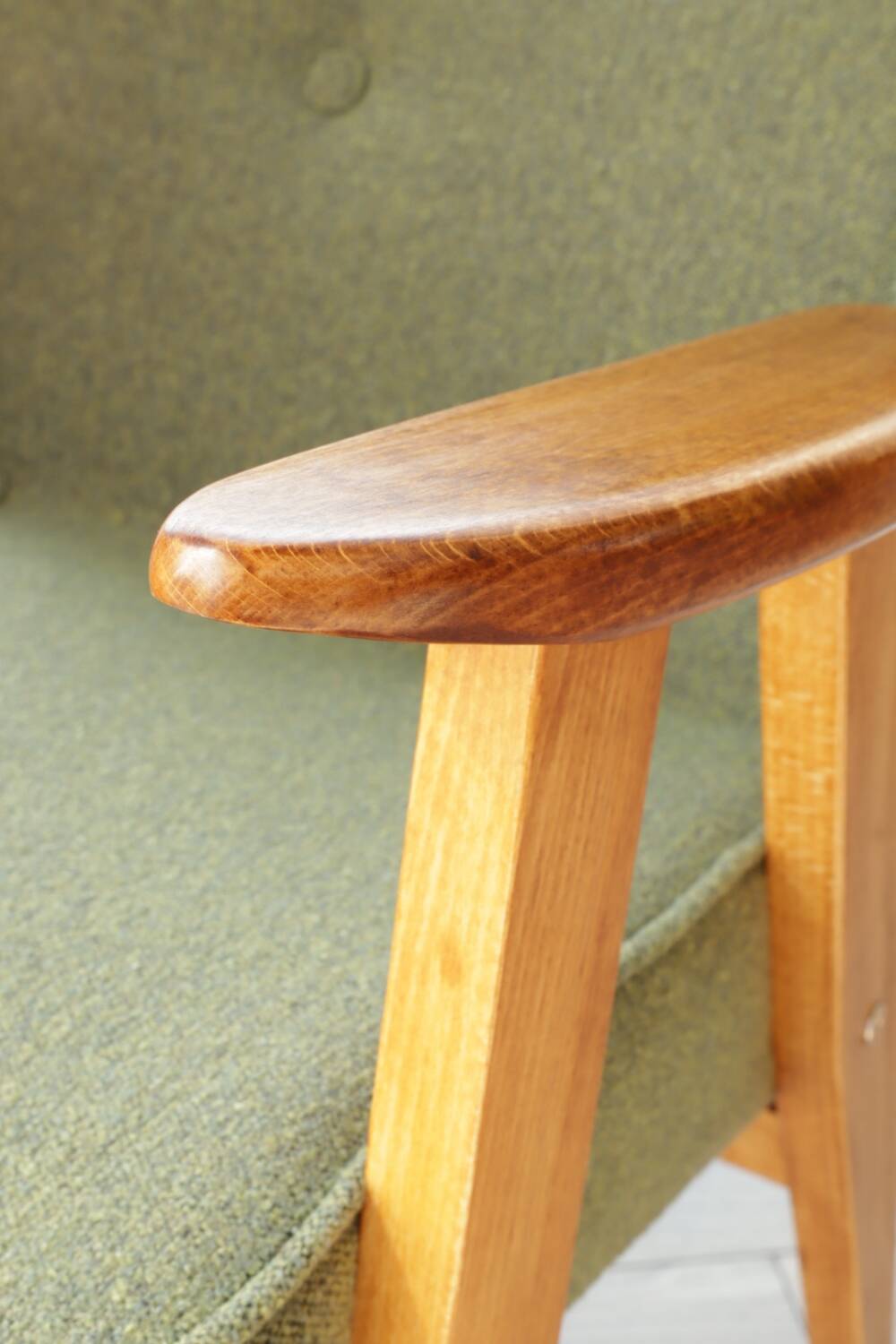 Vintage olive green bouclé armchair model 366