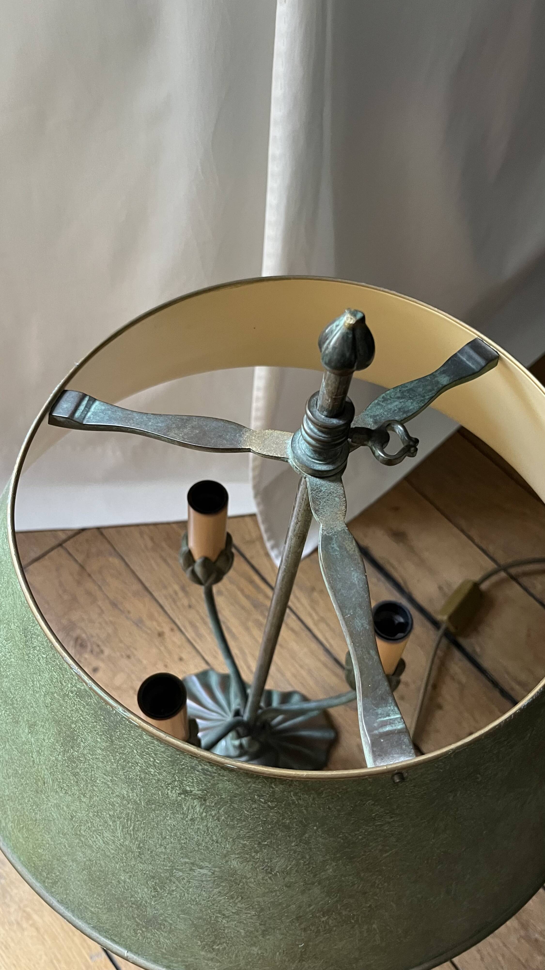 Lucien Gau tulip table lamp in patinated metal with green shade