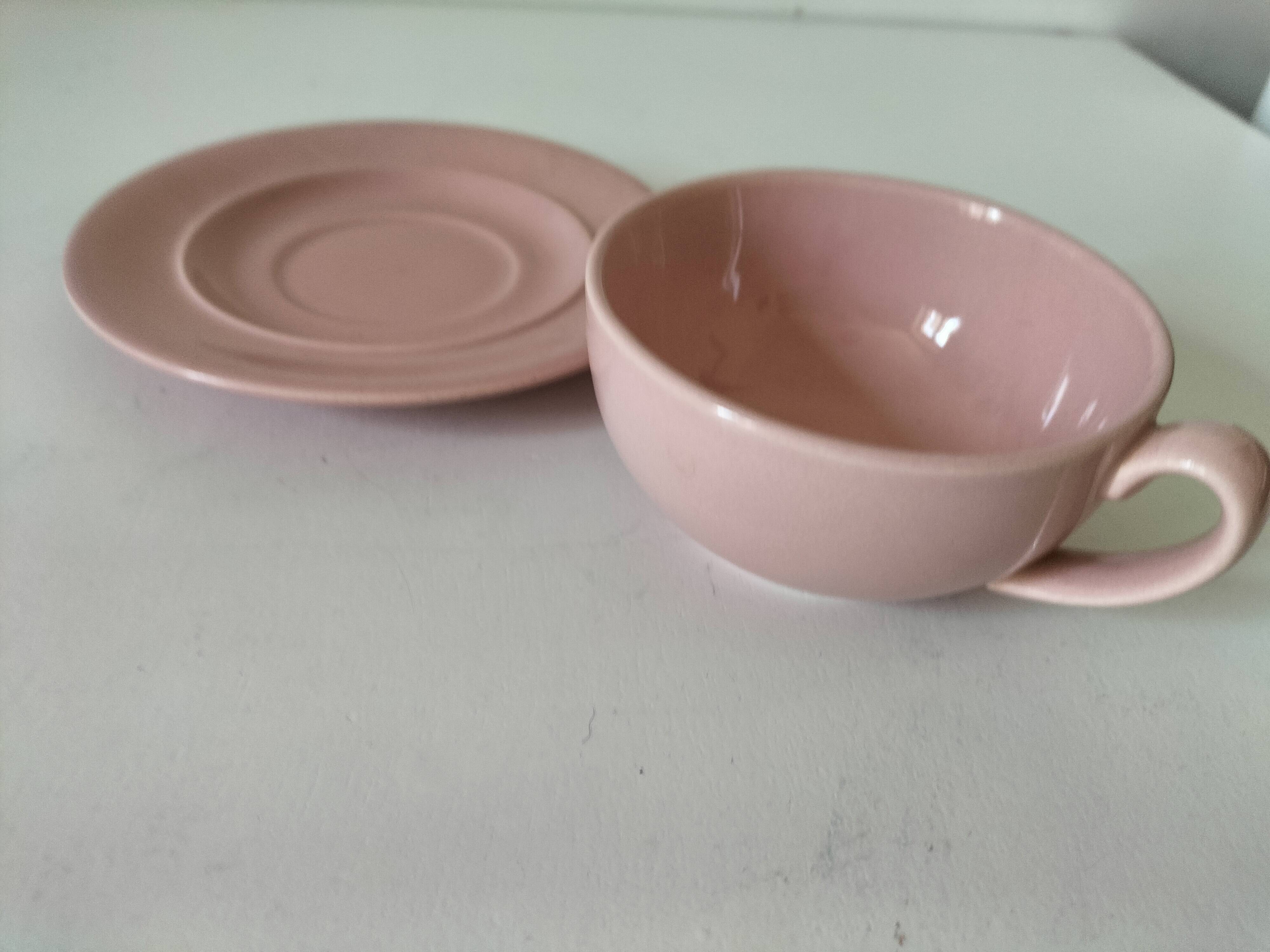 Cup and saucer Salins France in powdered pink earthenware – 1950s-60s