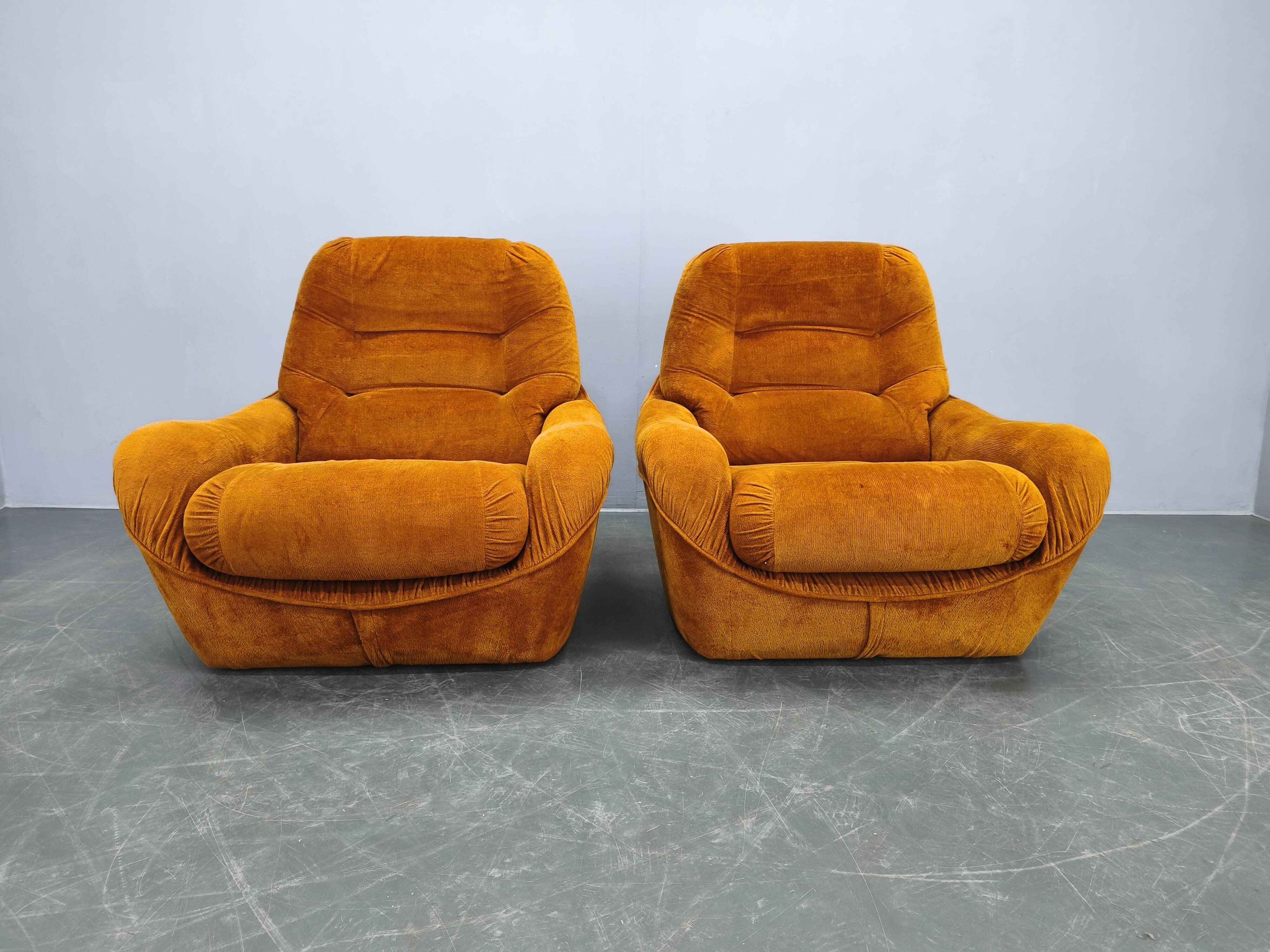 Pair of Italian Space Age Lounge Chairs, Orange Upholstery, 1970s