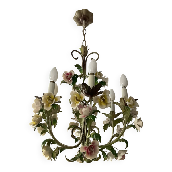 Ancien lustre italien en porcelaine et tôle des années 50
