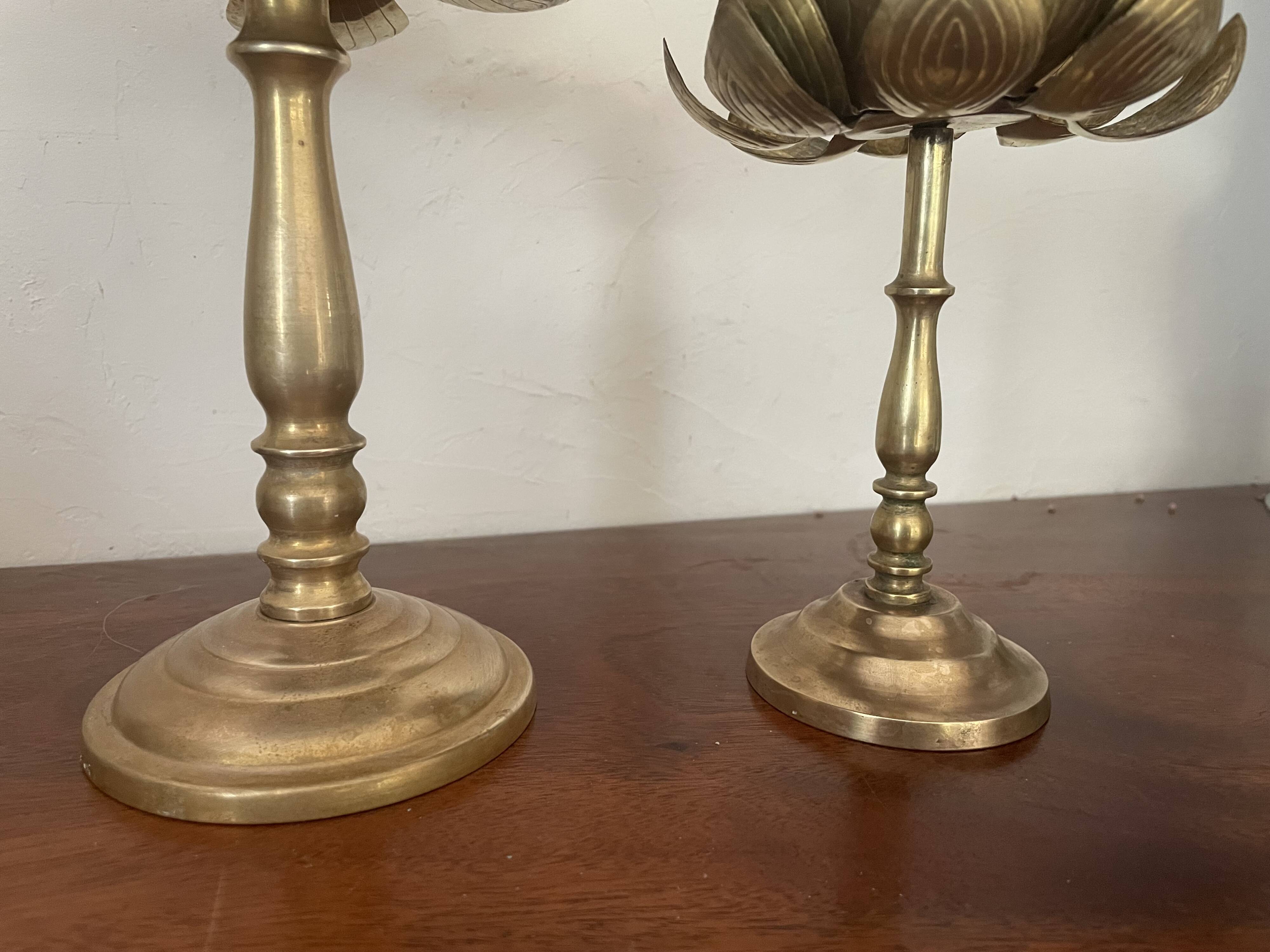 Set of two old brass lotus flower candlesticks