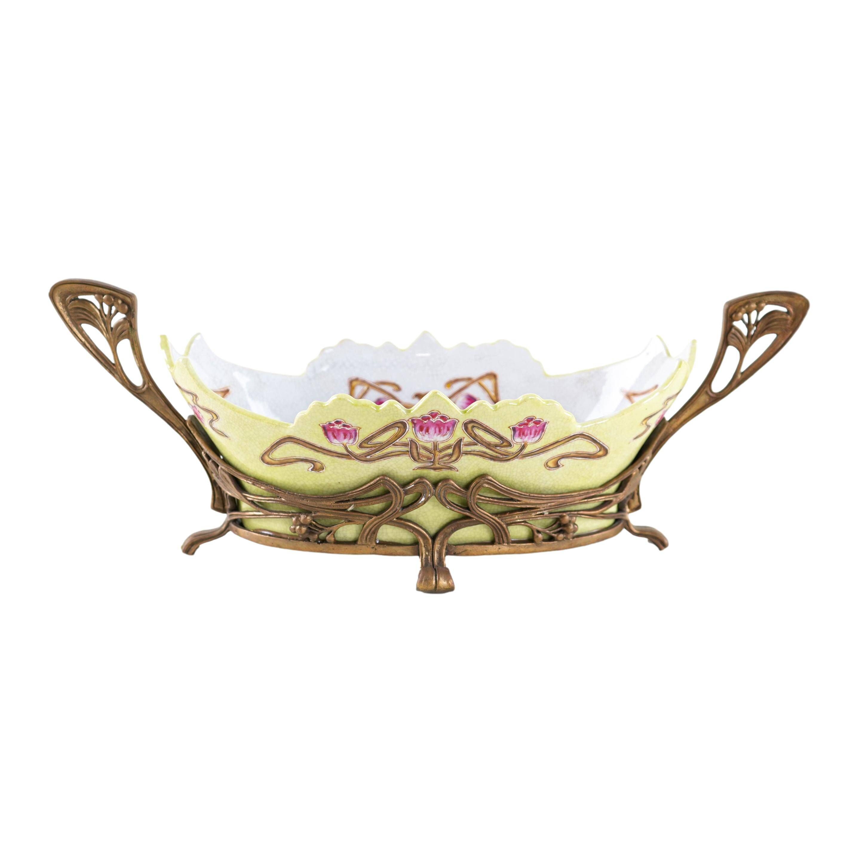 Art Nouveau ceramic platter with glazed golden finish in decorative metal frame, European