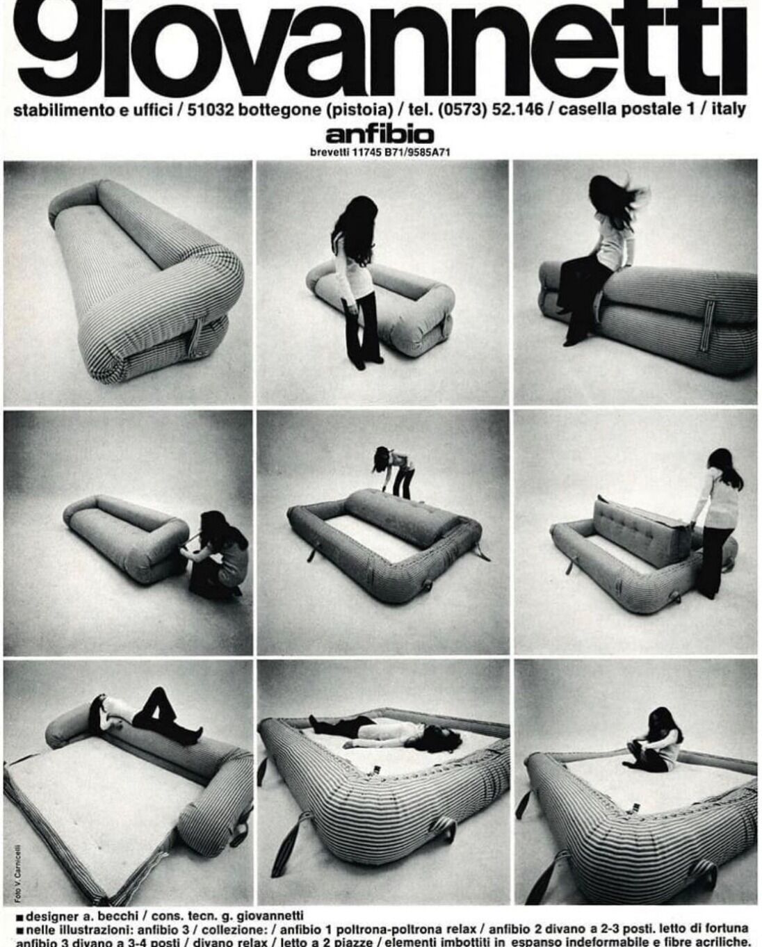 Anfibio 3/4 seater sofa by Alessandro Becchi for Giovannetti, Italy 1971