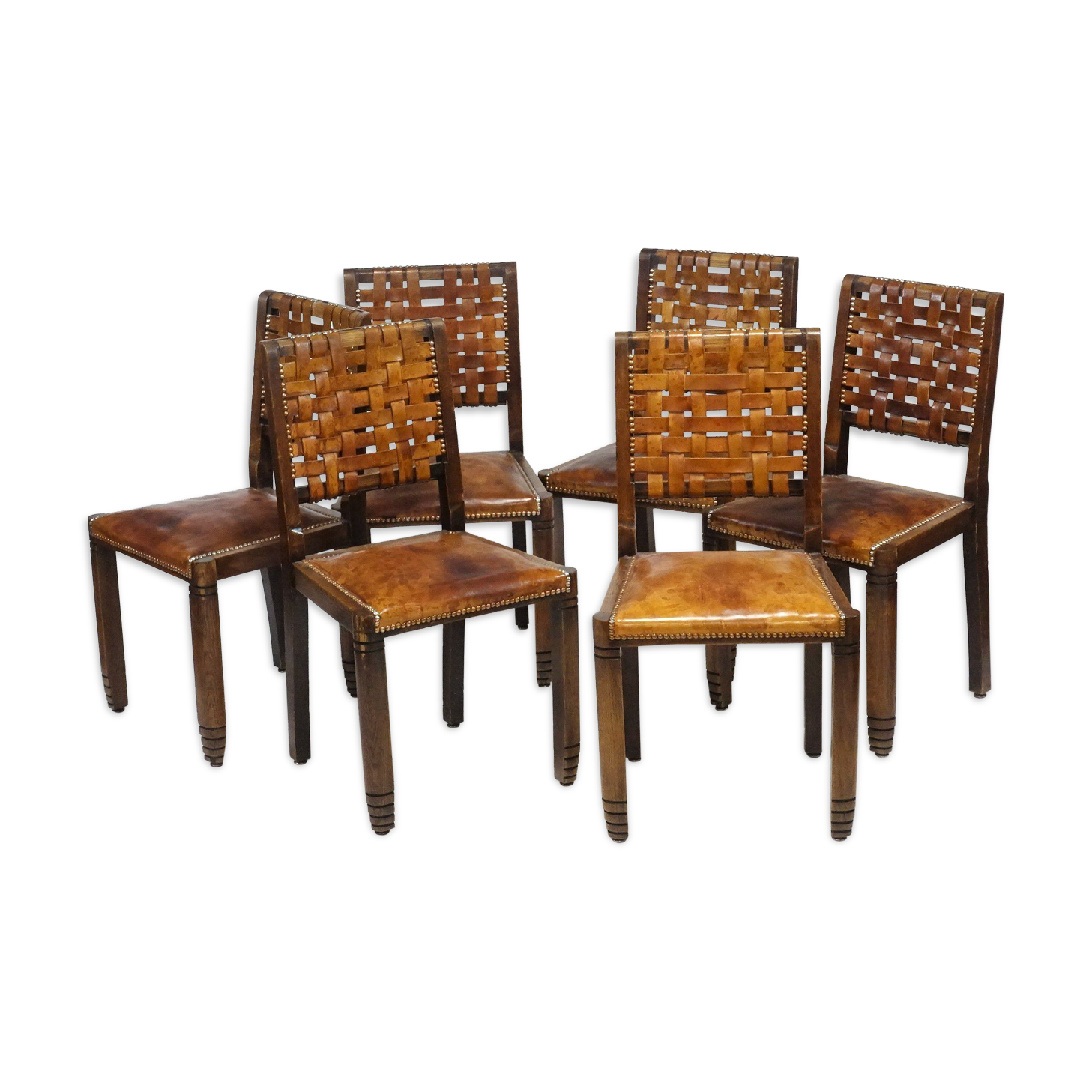 6 chairs brutalist 50s leather and wood