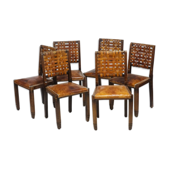 6 chaises années 50 brutalistes cuir et bois