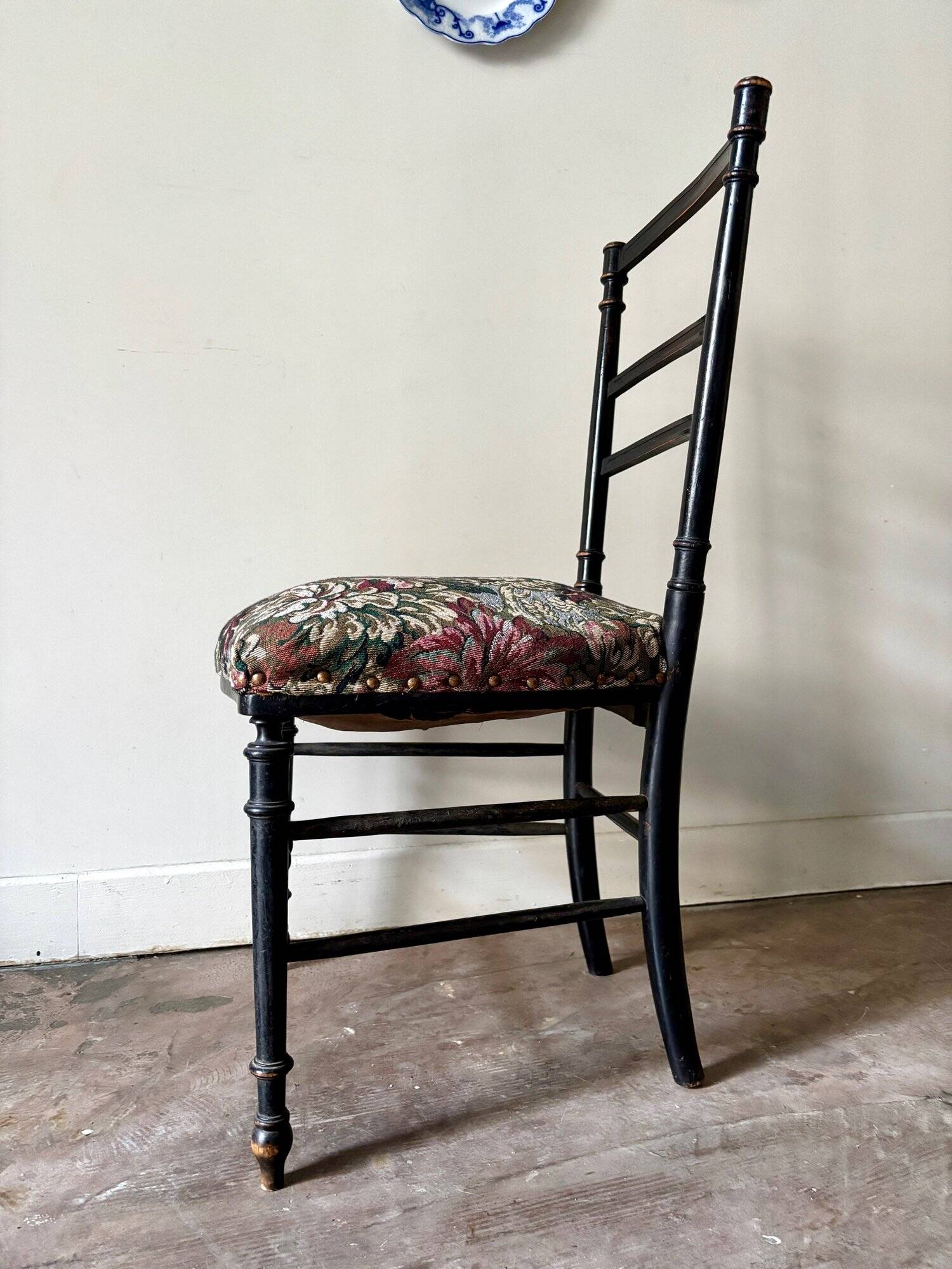 Napoleon III chair in black wood and floral jacquard