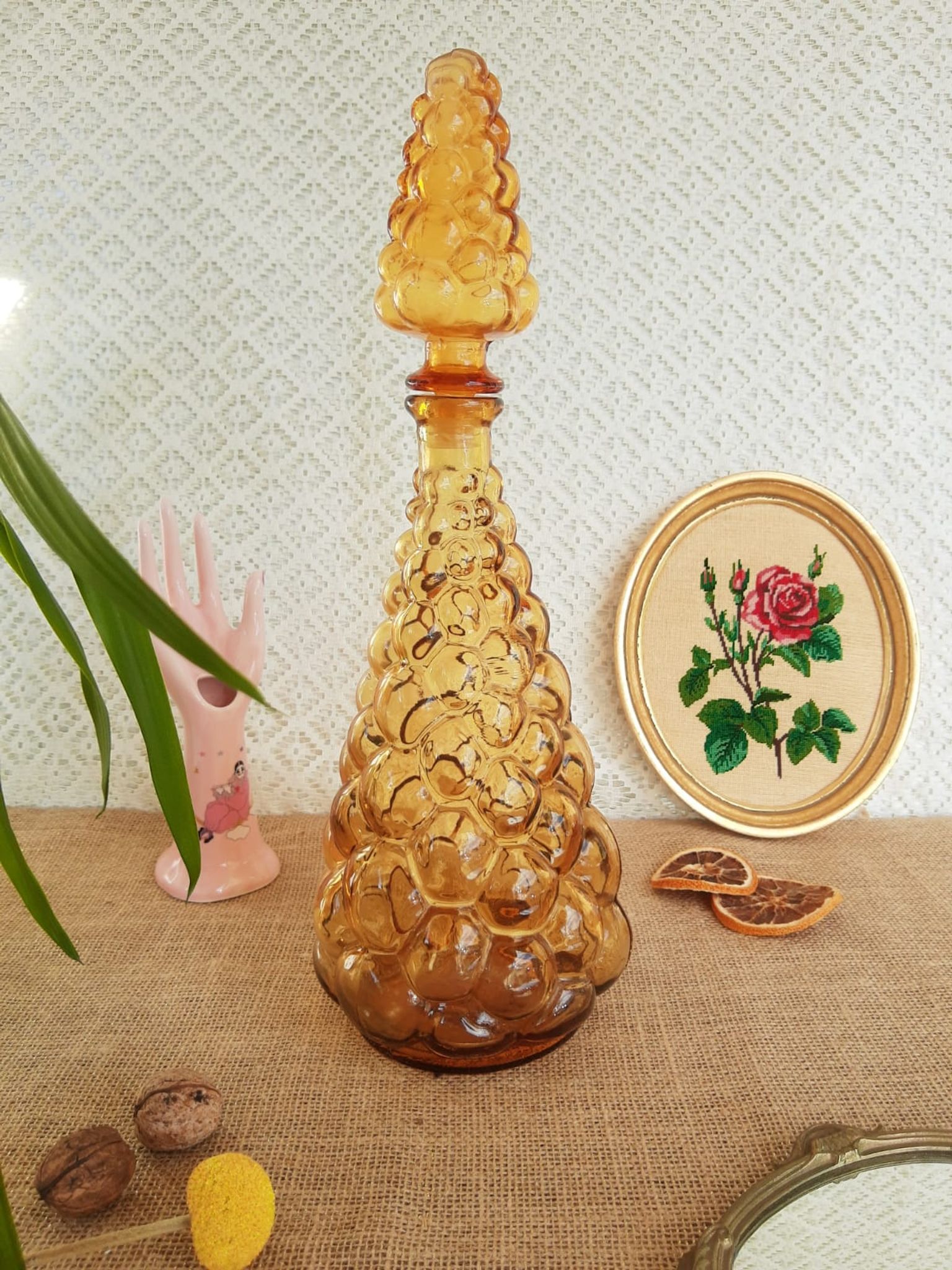 Italian decanter made of amber yellow empoli glass grape-shaped bubbles - vintage