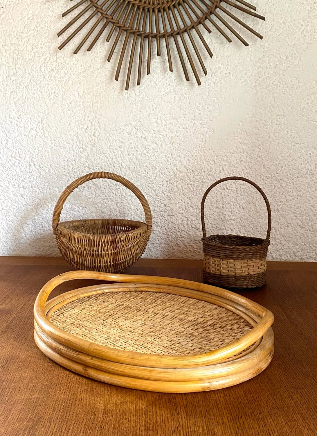 Oval tray made of rattan and bamboo from the 1970s