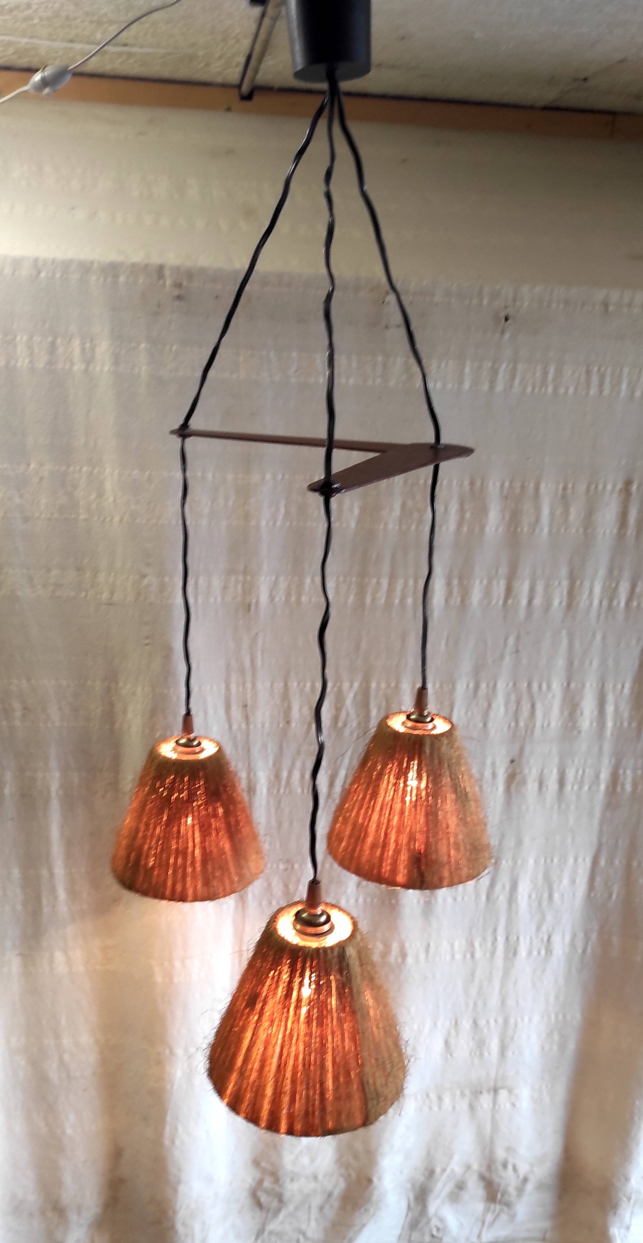 Scandinavian style three-light pendant in teak and sisal - 1960s/70s