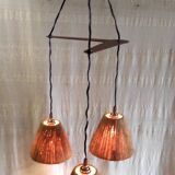Scandinavian style three-light pendant in teak and sisal - 1960s/70s