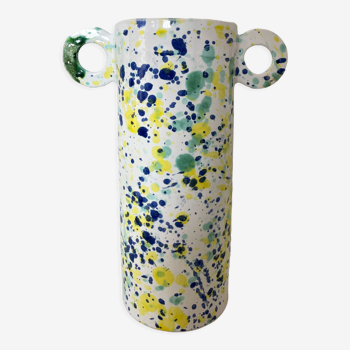 Green blue yellow speckled ceramic vase with abstract wool round handles