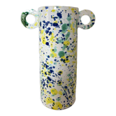 Green blue yellow speckled ceramic vase with abstract wool round handles
