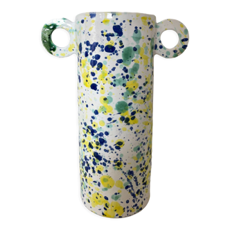 Green blue yellow speckled ceramic vase with abstract wool round handles