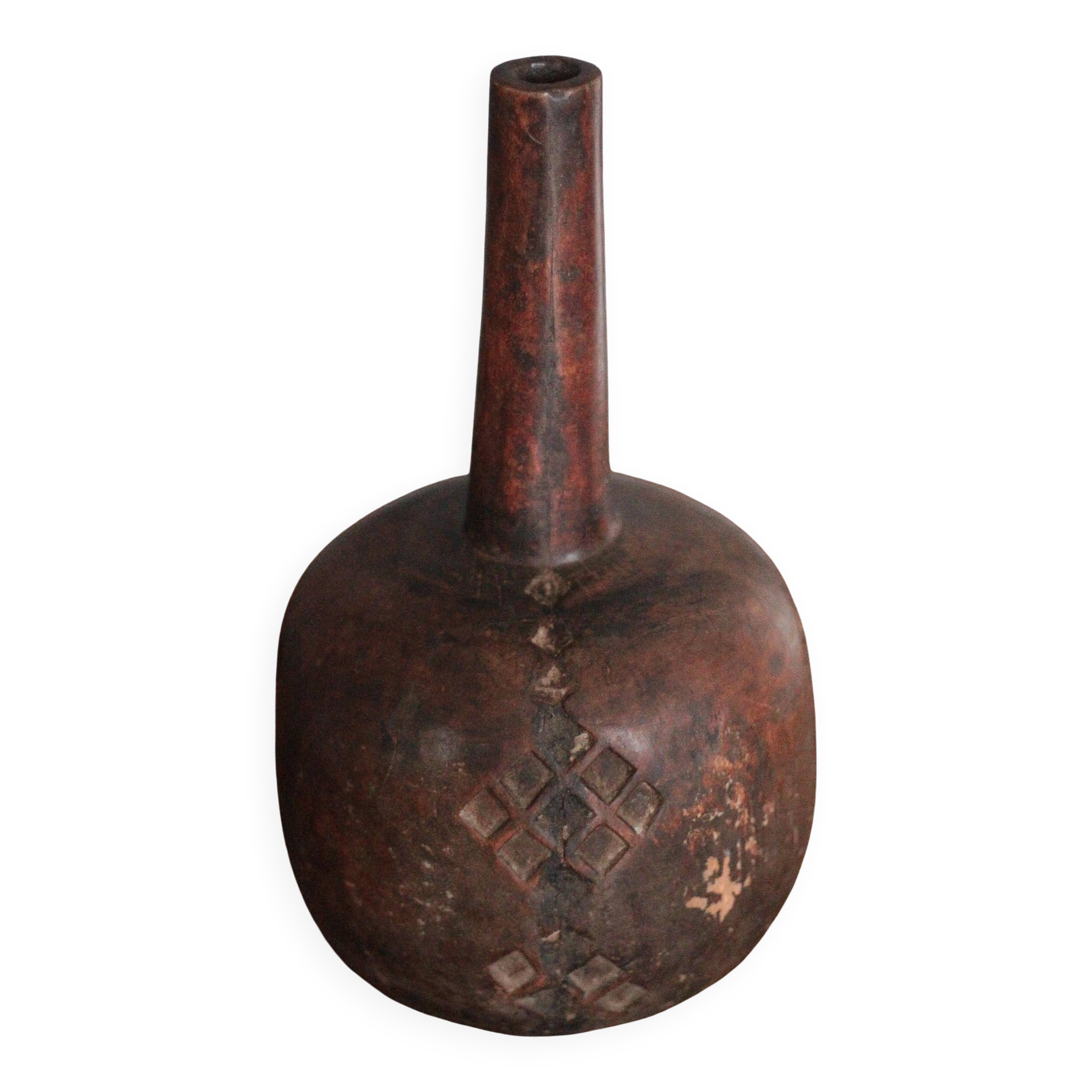Vintage African wooden carved gourd bottle.