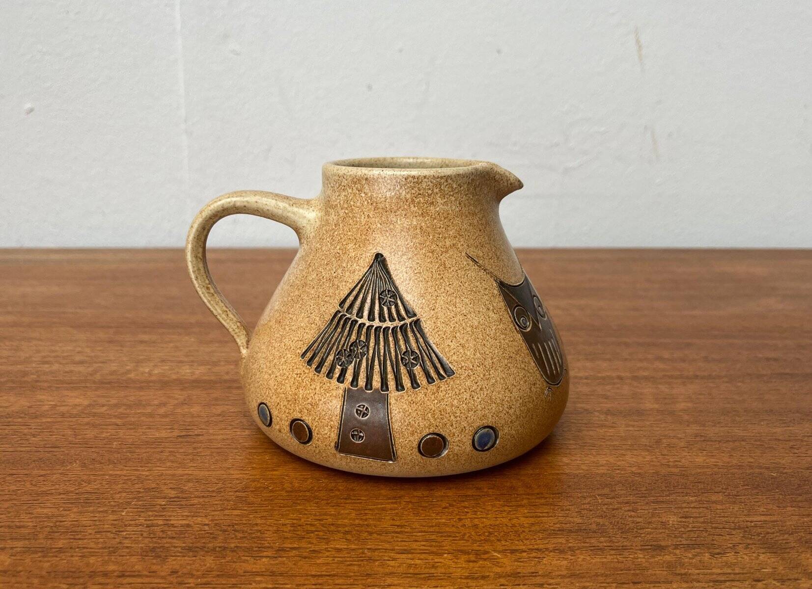 Mid-century German ceramic studio pitcher with owl motif by Heinz Theo Dietz, 1960s.