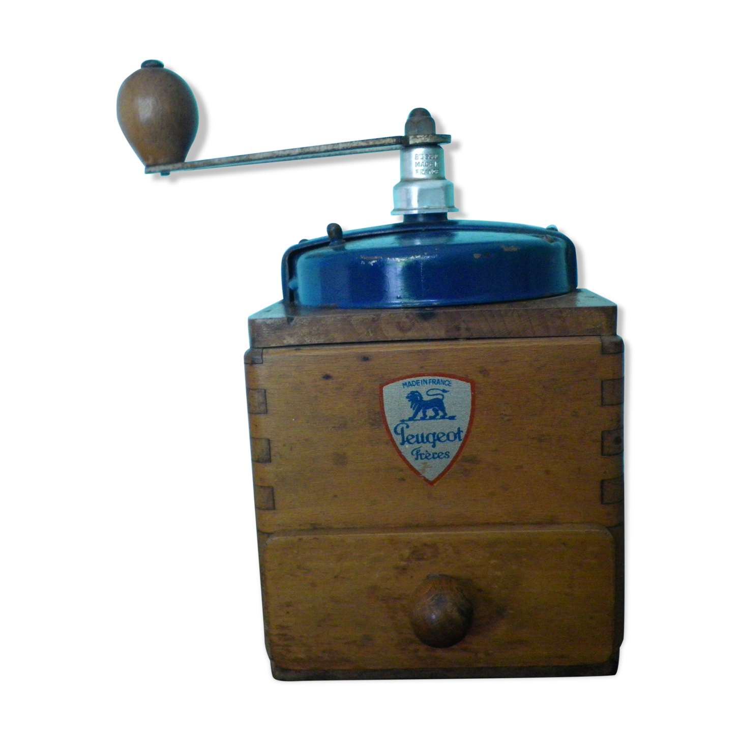 Ancien moulin à café manuel - Peugeot Frères - Bois, métal, métal bleu
