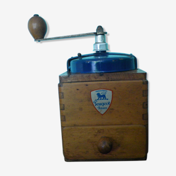 Ancien moulin à café manuel - Peugeot Frères - Bois, métal, métal bleu