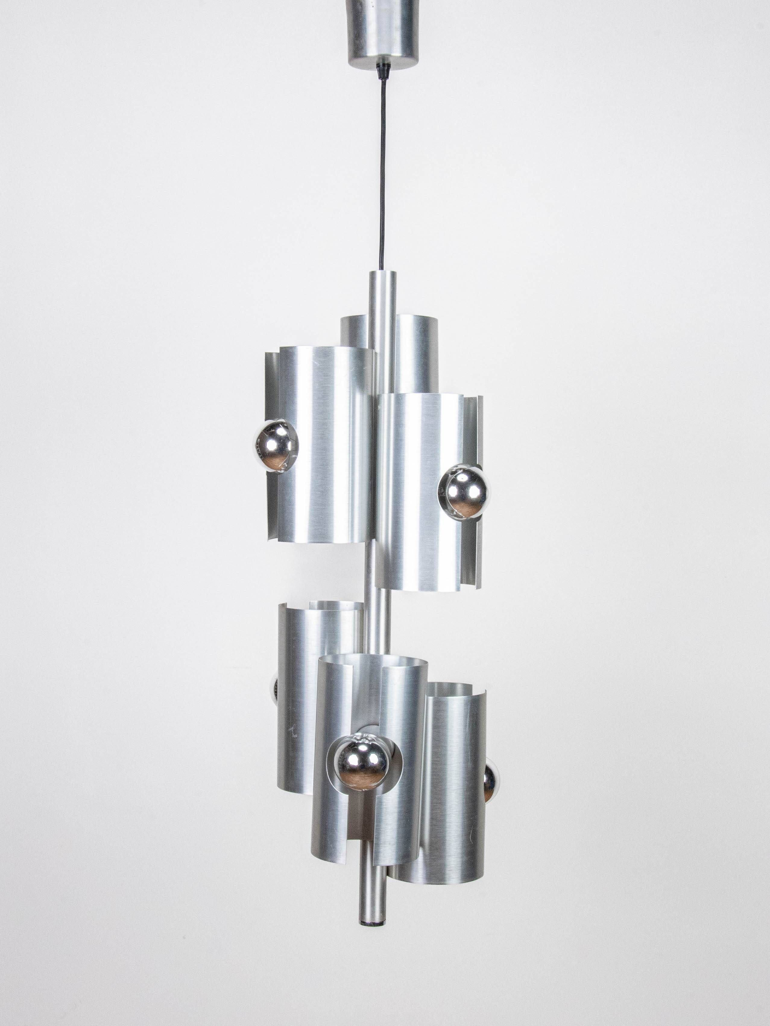 Brushed metal chandelier by Polam Bielsko, 1960s-1970s