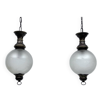 Caccia dominioni manner, pair of mid-century brass pendant lights. italy 1950s