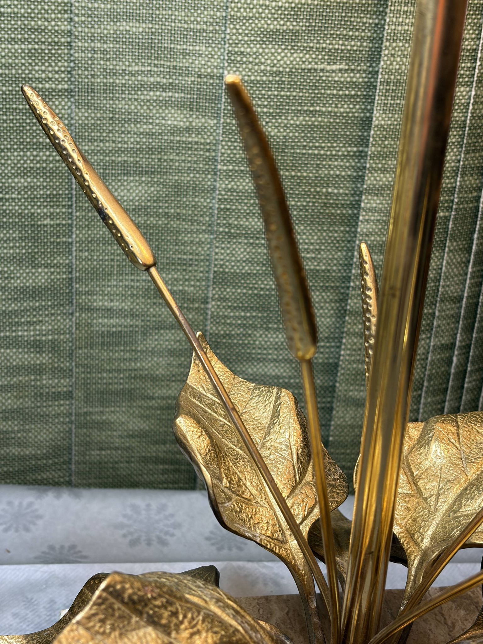 Bronze and travertine water lily lamp attributed to Maison Charles, circa 1970.
