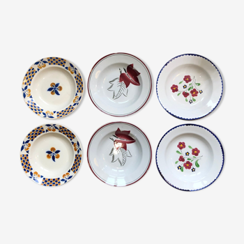 Set de 6 assiettes anciennes dépareillé céramique française peinte à la main