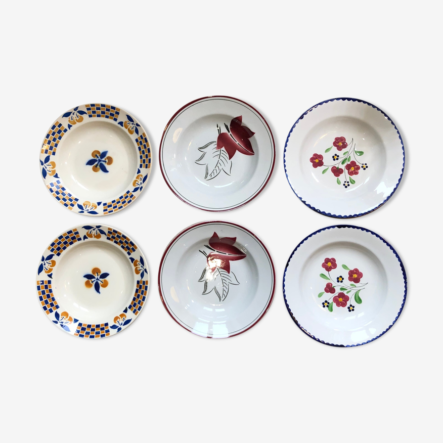 Set de 6 assiettes anciennes dépareillé céramique française peinte à la main  | Selency
