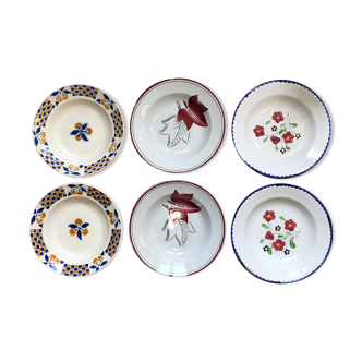 Set de 6 assiettes anciennes dépareillé céramique française peinte à la main