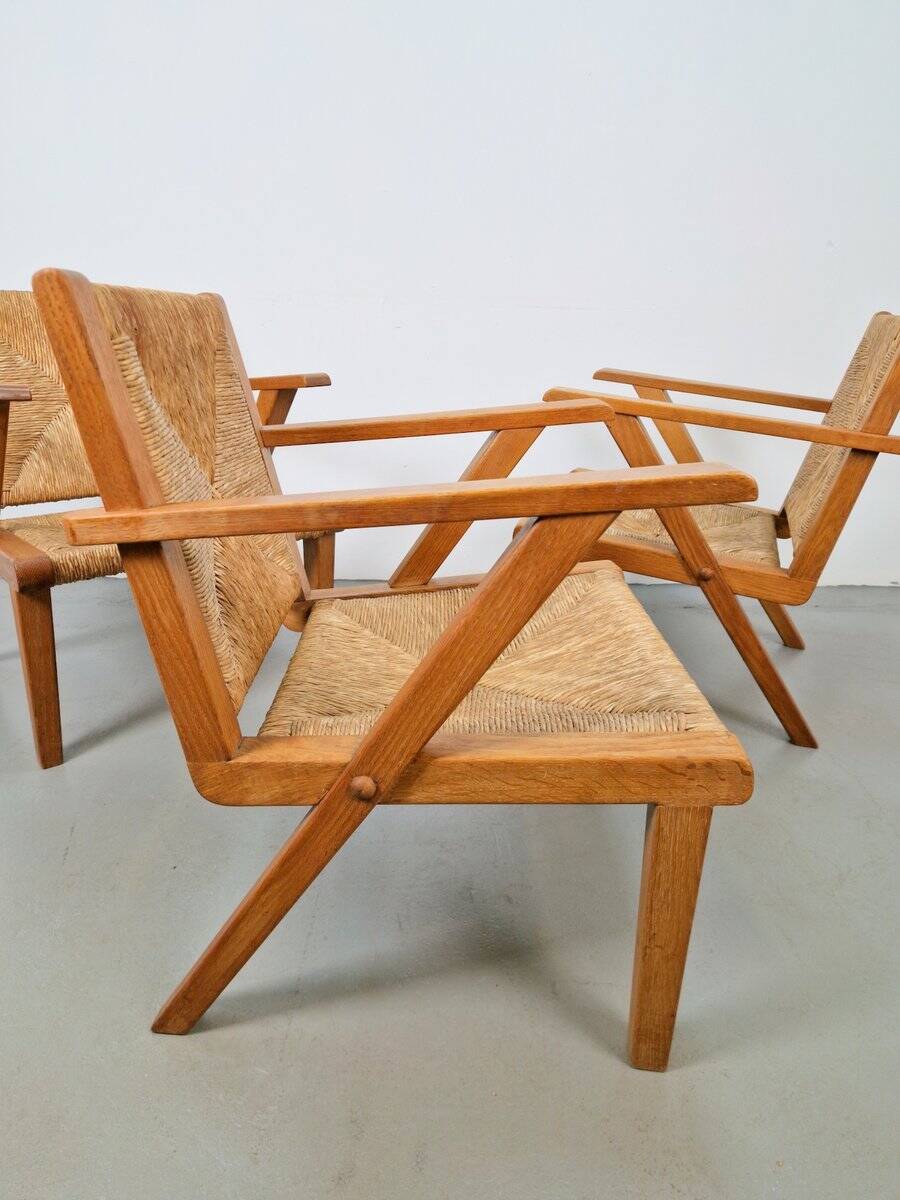 Chaises en bois brutalistes modernistes en paille, années 1940, ensemble de 3