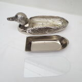 Foie gras dish in silver metal, duck décor